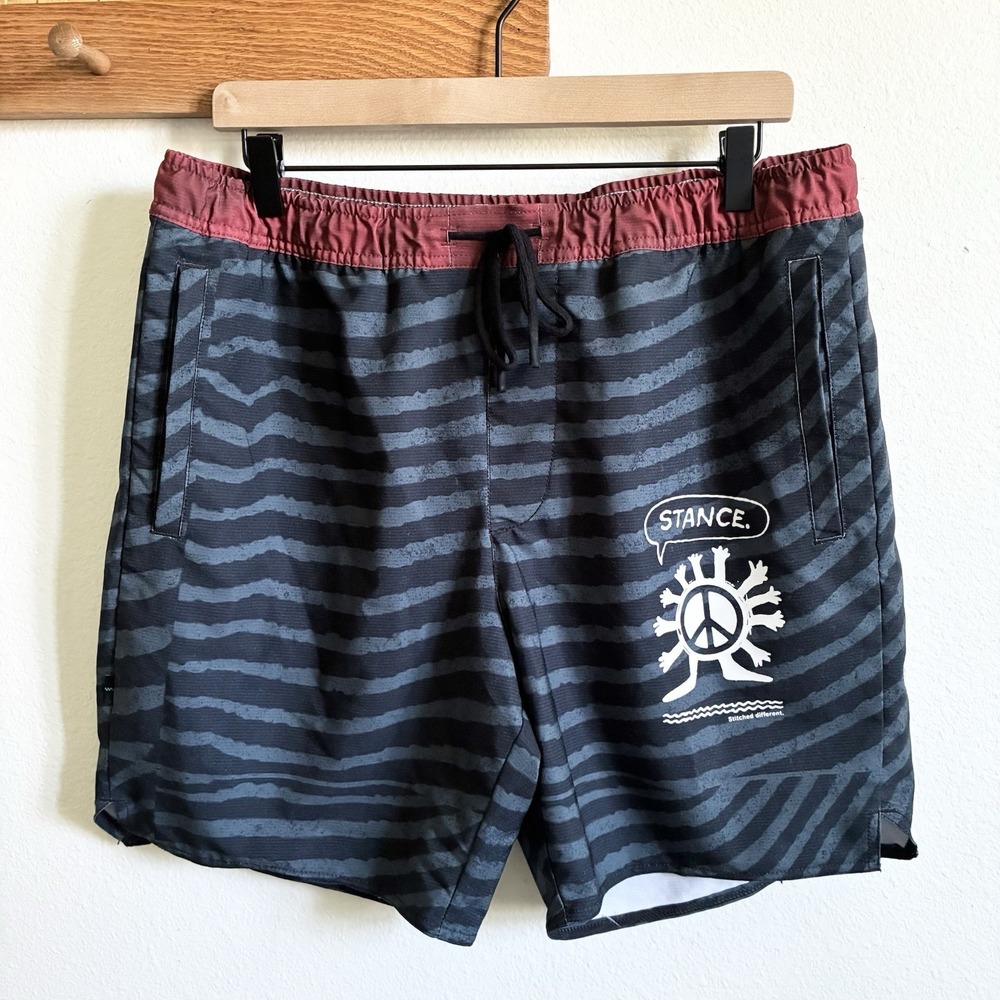 Stance Complex Athletic Hybrid Drawstring Shorts Striped Peace Gray Mens Large